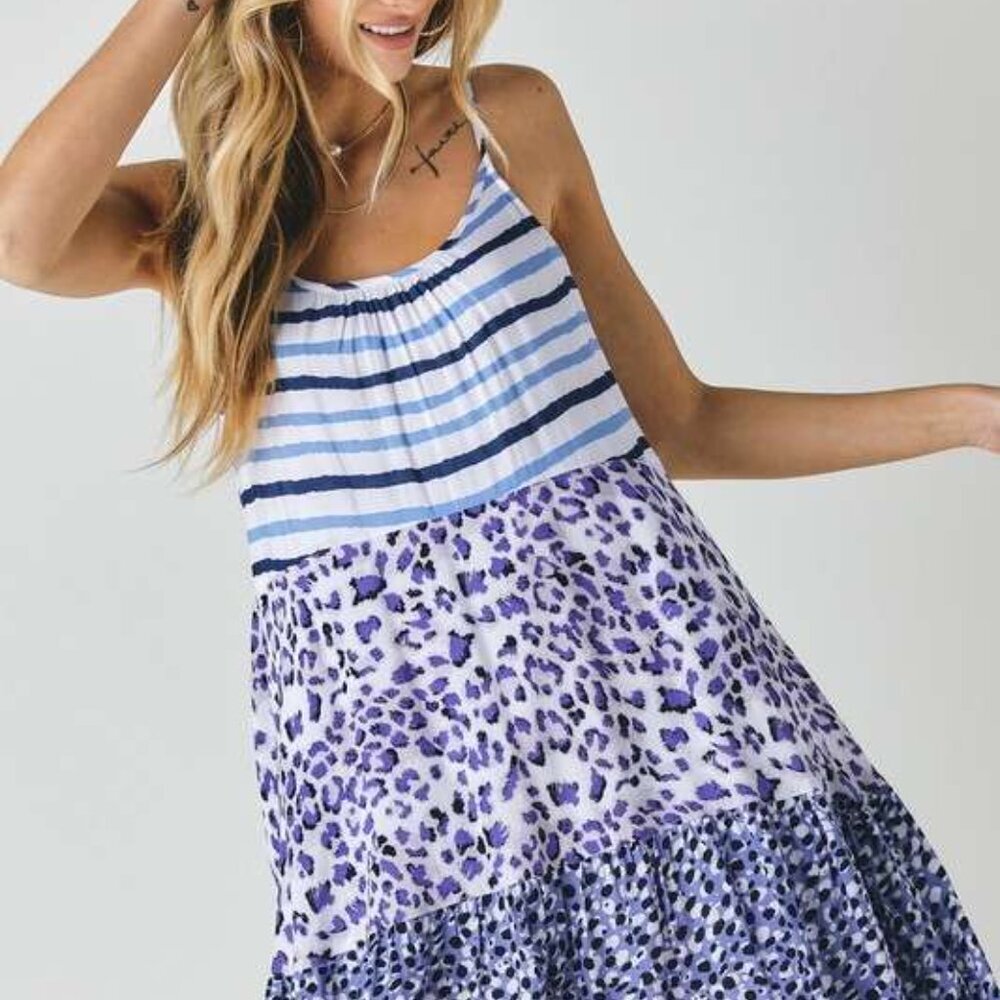 Blue & White Sundress MULTI PRINT SLEEVELESS MIDI DRESS M - Picture 6 of 11